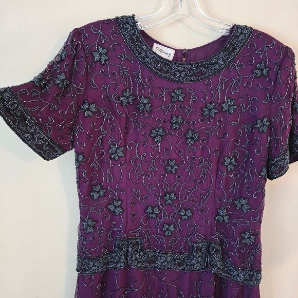 Stenay Womens Vintage Size 16 Evening Gown Beaded 100% Silk Violet Glam MOB - Picture 8 of 13